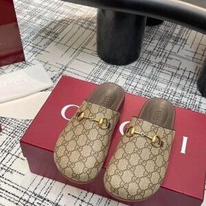 Gucci Cream and Brown Mules with Gold Detail